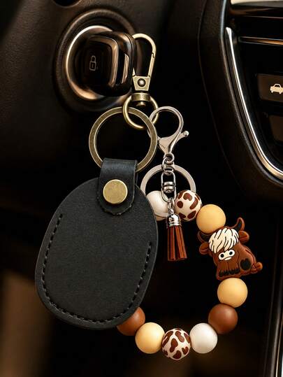 Cute Retro Style Highland Cattle Bead Bracelet PU Leather Keychain, Access Card Holder Tassel Decor Bag, Charm Car Key Ring Gift, Unisex, Daily Essential, Birthday, Ramadan, Christmas Gift