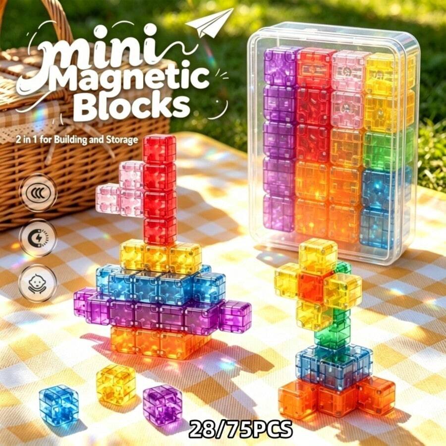 28PCS/75PCS 2.0 Rounded Transparent Magnetic Portable Box Magnetic Building Blocks Travel Set, Magnetic Blocks Toddler Toys 3D Magnetic Cube Toys Magnetic Construction Blocks Set Suitable For STEM Construction Magnetic Toys For 3+ Children Boys Girls (Random Color) - Multicolor - View 1
