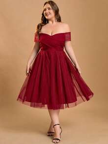 Gaun Pesta Koktail Elegan Wanita Ukuran Plus dengan Bahu Terbuka untuk Tamu Pernikahan, Acara Homecoming, Wisuda, Panjang Selutut, dan Pendamping Pengantin Wanita - Burgundy - View 2