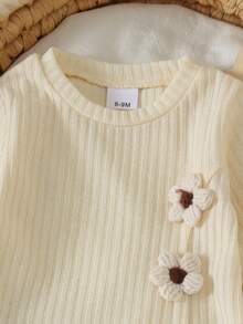 2pcs Baby Girl Cute Comfortable Soft 3D Knitted Flower Long Sleeve Ribbed Top And Pants Set, Thin For Spring And Autumn - Apricot - View 4