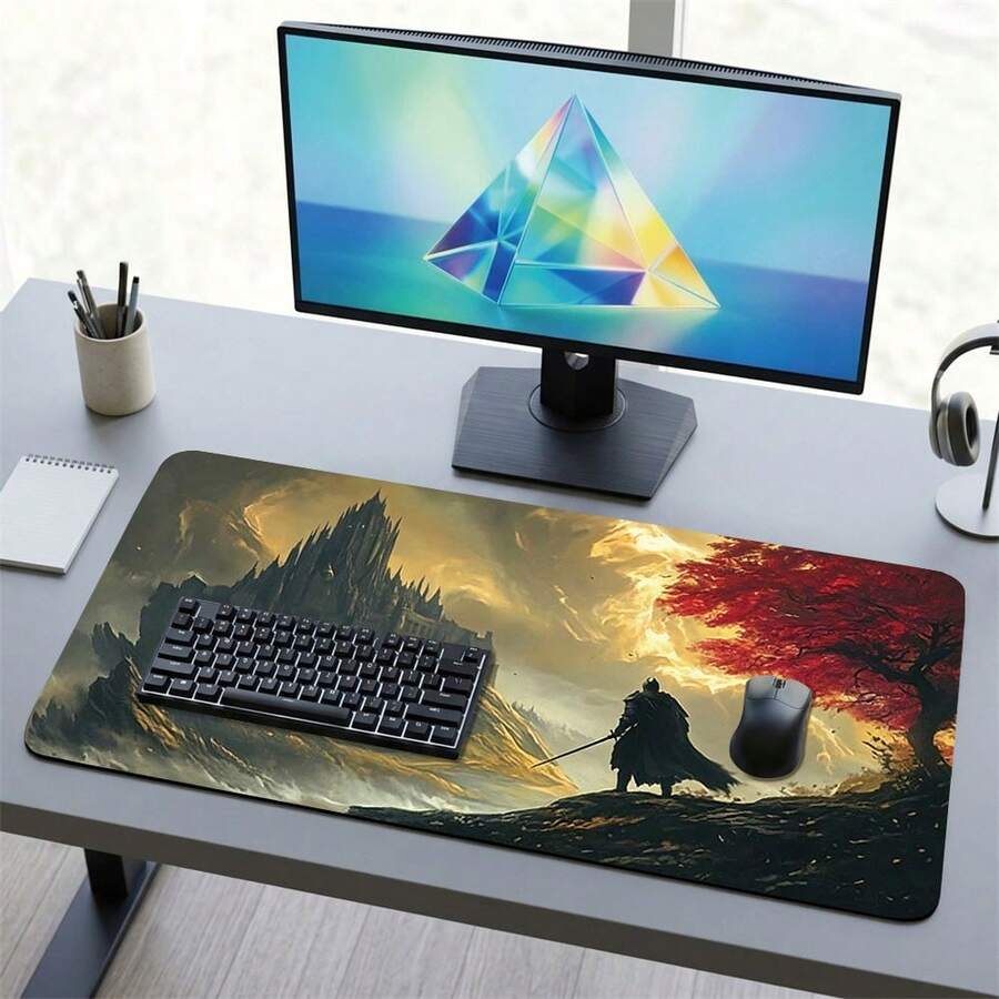 Dark Spire Castle Knight Holding Sword Back Pattern Extra Long Gaming Mouse Pad And Desk Mat Set, Non-Slip Durable Rubber Base, Smooth Surface Suitable For Computer Laptop Office Home, Abstract Art Decor, Back To School Supplies - A - View 1