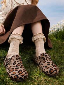 Girls' Leopard Print Suede Flat Shoes, Children's Comfortable Soft Sole Adjustable Buckle Non-Slip Casual Shoes, Suitable For Daily Wear And Outdoor Activities - Khaki - View 2