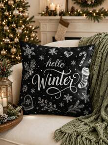 Christmas Table Runner, Placemat, Throw Pillow, Rustic Chalkboard Style Black Background White Text "Hello Winter" Christmas, Snowflake Holly Gloves Candy Cane Sock Pattern, Home Sofa Bedroom Holiday Decor - Multicolor - View 6