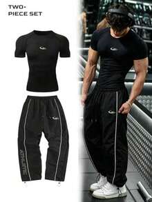 Men's Autumn Outdoor Casual Sports Minimalist Short Sleeve Top And Long Pants Set, Fashionable Daily Wear - Black - View 1