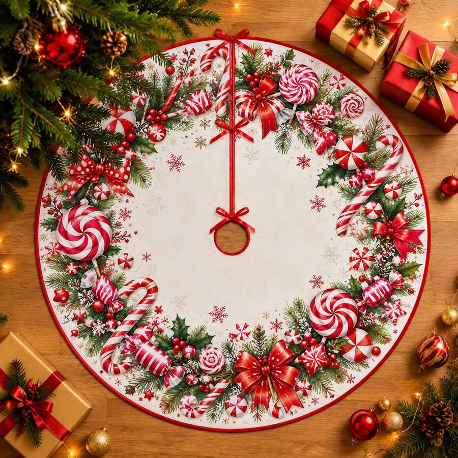 1pc Candy Cane Wreath Pattern Christmas Tree Skirt, Elegant Color Holiday Decoration, 5 Sizes, Unisex Holiday Gift, Suitable For Home And Party Christmas Decor - Candy Cane Wreath - View 1