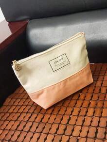 Lancôme Color-Block Canvas Zipper Makeup Bag, Large Capacity Portable Toiletry Bag With Rose Pendant, Commuter Travel Daily Beauty Storage Pouch, Gentle Minimalist Style, Perfect Gift For Bestie Birthday Anniversary Holiday - White + Pink - View 2