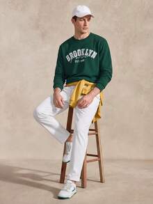 Courvante Tennis Men's Letter Printed Crew-Neck Sweatshirt, For Fall Winter, Long Sleeve Top - Dark Green - View 2