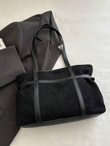 Women's Faux Suede Tote Shoulder Bag, Adjustable Buckle Decor Large Capacity Handbag, Suitable For Work, School And Daily Commute. - Black - View 5