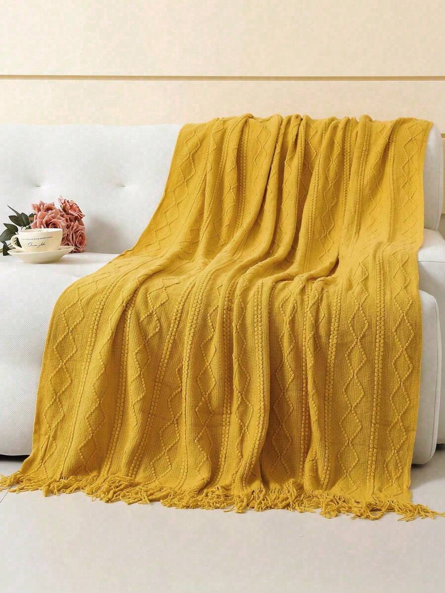 A Wavy Pattern Bed Blanket, Nordic Style Acrylic Rectangular Tassel Solid Color Sofa Throw Blanket Bed Decorative Blanket Lunch Blanket Knitted Blanket - Vertical Rhombus Yellow - View 1
