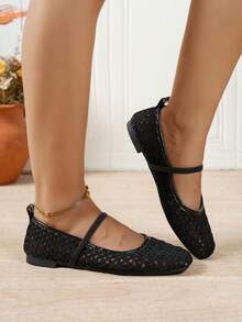 Women's Square Toe Hollow Mesh Mary Jane Flats, Single Strap Breathable Ballet Shoes, Summer Daily Commute Style - Black - View 7