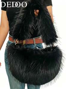 Dedoo Crescent Furry Underarm Bag, Gradient Color‑Shift Faux Fur, Metal Clasp Detachable Strap, Y2K Hot Girl Style For Autumn Winter Party For Ladies - Black - View 3