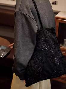 Korean Style Shiny Black Lace Niche Design INS Style Large Capacity Tote Bag For Commuting, Outing, Daily Shopping, Shoulder Slouchy Handbag - Black - View 5
