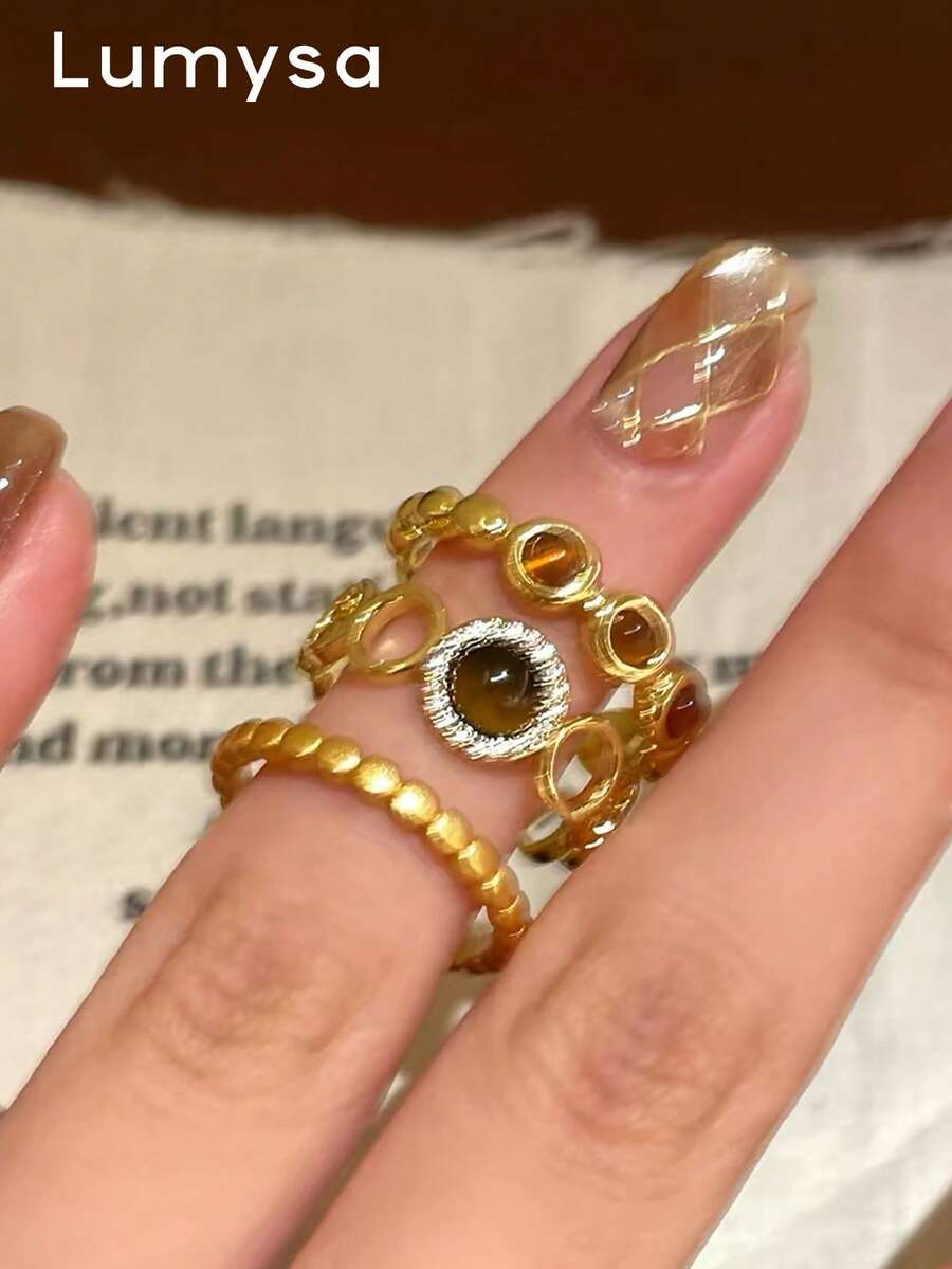 3pcs Vintage Minimalist Copper Alloy Brown Tiger Eye Open Ring Set, Suitable For Women's Daily Wear And Gatherings