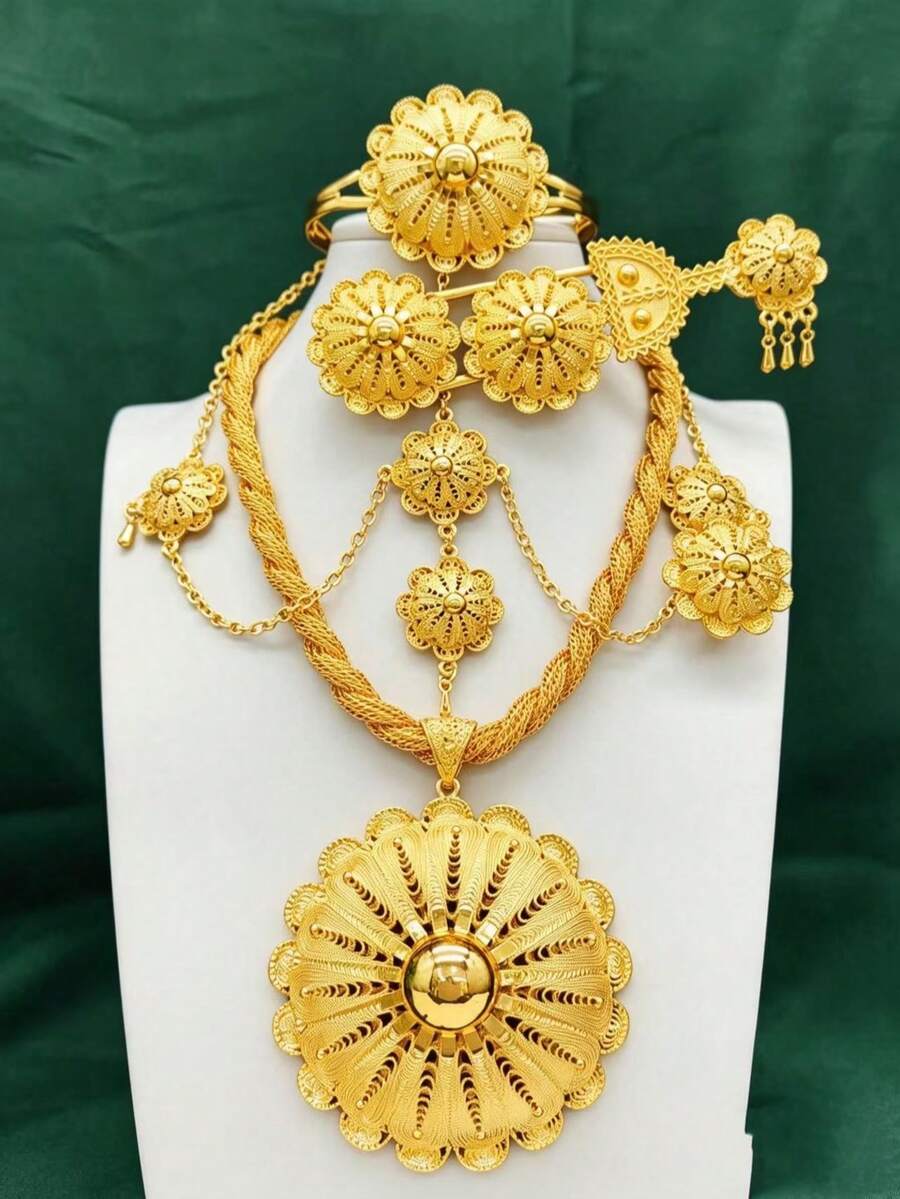 1 Necklace, 1 Bracelet, 1 Pair Earrings, 1 Ring, 1 Hair Fork, 1 Head Chain Fashion Women Gold Plated Rope Flower Double Pendant Jewelry Set 6 Pieces Saudi Arabia Europe America Middle East Dubai Africa Bride Wedding Party Date Dress Accessories Mother's Day Valentine's Day Halloween Christmas Birthday Wedding Season Graduation Season Gift Daily Wear Jewelry - Yellow Gold - View 1