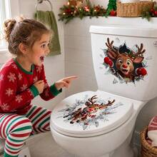2pcs 3D Broken Window Christmas Reindeer Toilet Sticker, Funny Red Nose Reindeer Bathroom Toilet Self-Adhesive Decorative Sticker - Multicolor - View 2