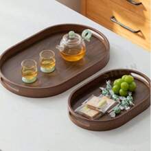 Walnut Wood Oval Design Tray With Handle, Suitable For Serving Food, Snacks, Drinks, Sushi, Steak, Pizza, Desserts, Cakes, Bread, Breakfast Tray, Coffee Tray, Tea Tray, Charcuterie Platter - Maroon - View 2