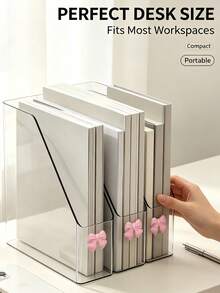 Transparent Acrylic Bookshelf With Bow Knot, Desktop File Organizer, Book Storage, Can Hold Magazines, Notes And Books, A4 File Magazine Organizer Box, Suitable For Home Study, School Office - Transparent + Pink - View 1