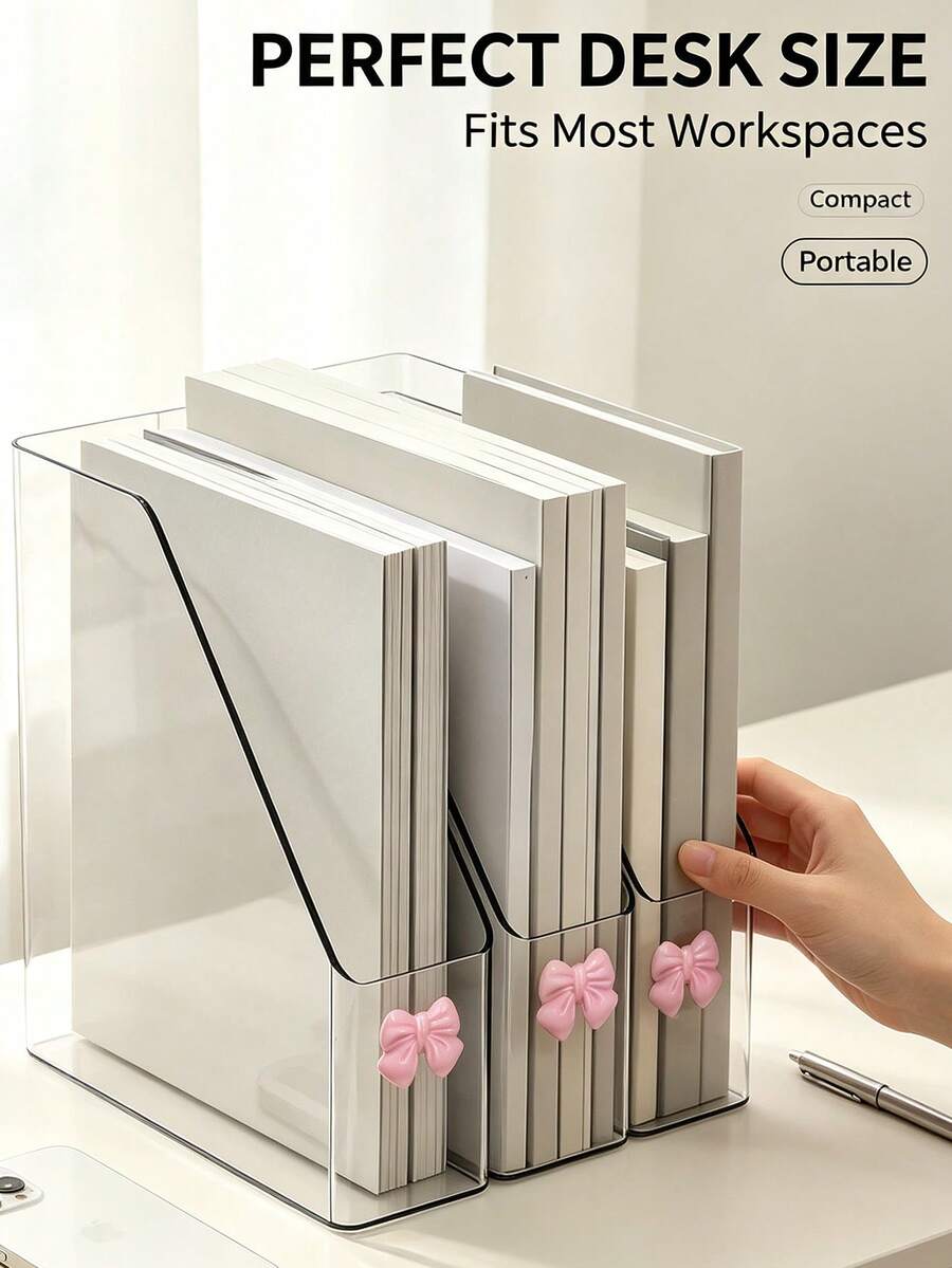 Transparent Acrylic Bookshelf With Bow Knot, Desktop File Organizer, Book Storage, Can Hold Magazines, Notes And Books, A4 File Magazine Organizer Box, Suitable For Home Study, School Office - Transparent + Pink - View 1