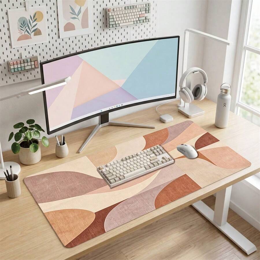 Beige And Brown Minimalist Pattern Extra Long Gaming Mouse Pad And Desk Mat Set, Non-Slip Durable Rubber Base, Smooth Surface, Suitable For Computer Laptop Office Home, Abstract Art Decor, Back To School Supplies - A - View 1
