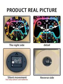 1pc Neon-Lit Game Controller Wall Clock - With Colorful Splashes Retro Gaming Decor - Suitable For Living Room, Bedroom, Office- Gamer Cave Gift, Wood Material Round Clock, 2D Flat - Multicolor - View 7