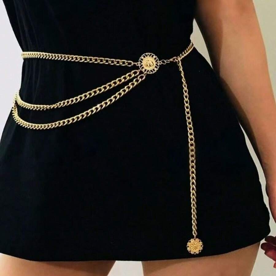 1pc Gold Multi-Layer Sunflower Chain Waist Belt - Gold - View 1