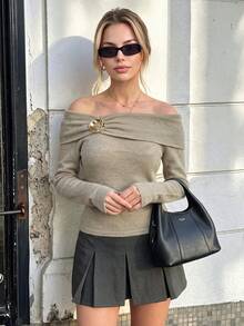 Nicenter Off-Shoulder Knit Top Light Khaki Vintage Women's Autumn Outfit Slim Fit Waist Metal Twist Button Decor Wool Blend Sweater Date Party Night Out - Khaki - View 7