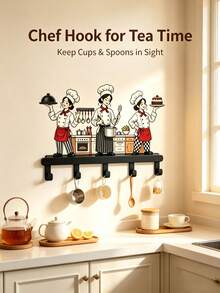 Cartoon Chef Figurine Wall Hook Rack Metal Wall‑Mount Hanger Whimsical For Mugs Utensils Spoons Cups Decorative Storage Organizer For Kitchen Counter Home Wall Decor - Black - View 1