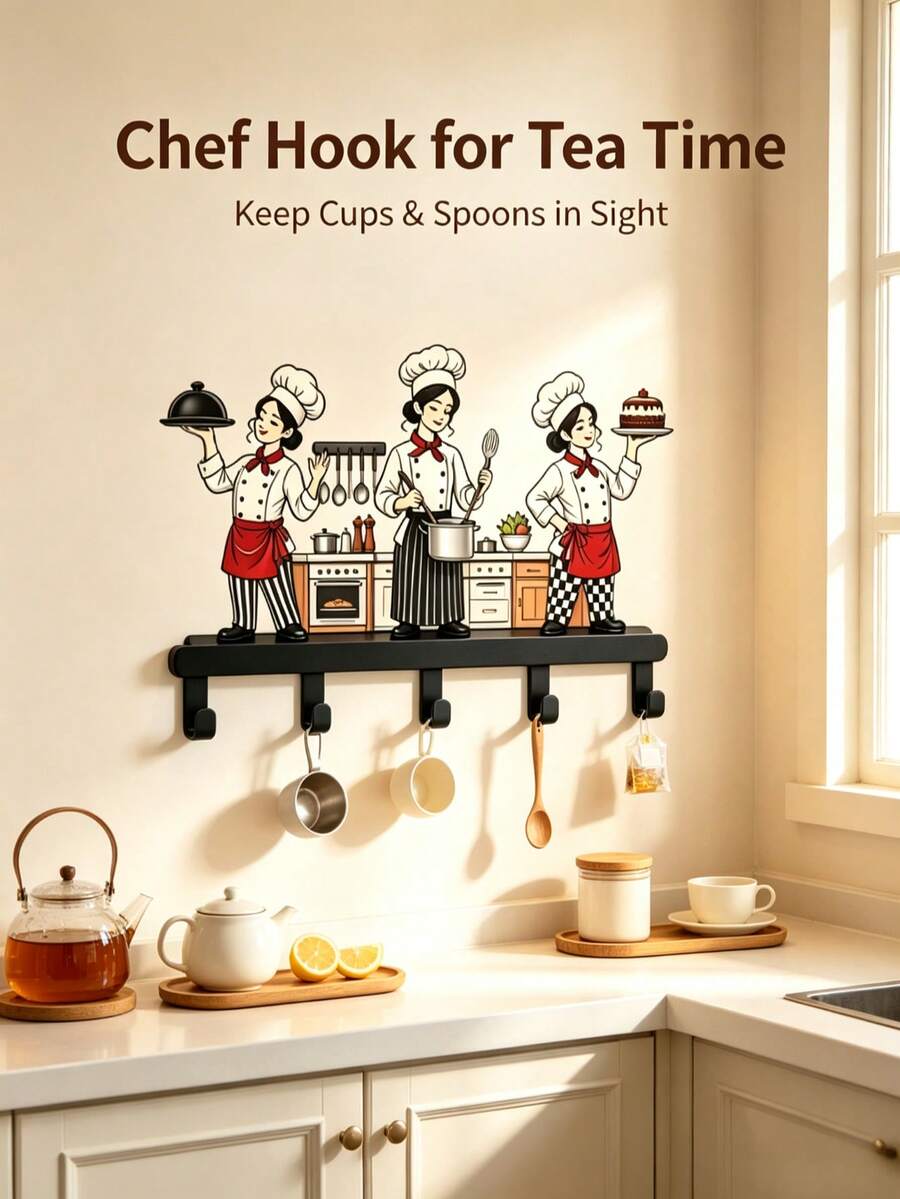 Cartoon Chef Figurine Wall Hook Rack Metal Wall‑Mount Hanger Whimsical For Mugs Utensils Spoons Cups Decorative Storage Organizer For Kitchen Counter Home Wall Decor - Black - View 1