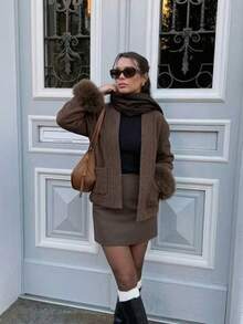 OFTBUY Women's Fashion Brown Wool Fur Shawl Collar Short Coat With Contrast Faux Fur Cuffs, Perfect For Autumn/Winter - Coffee Brown - View 3