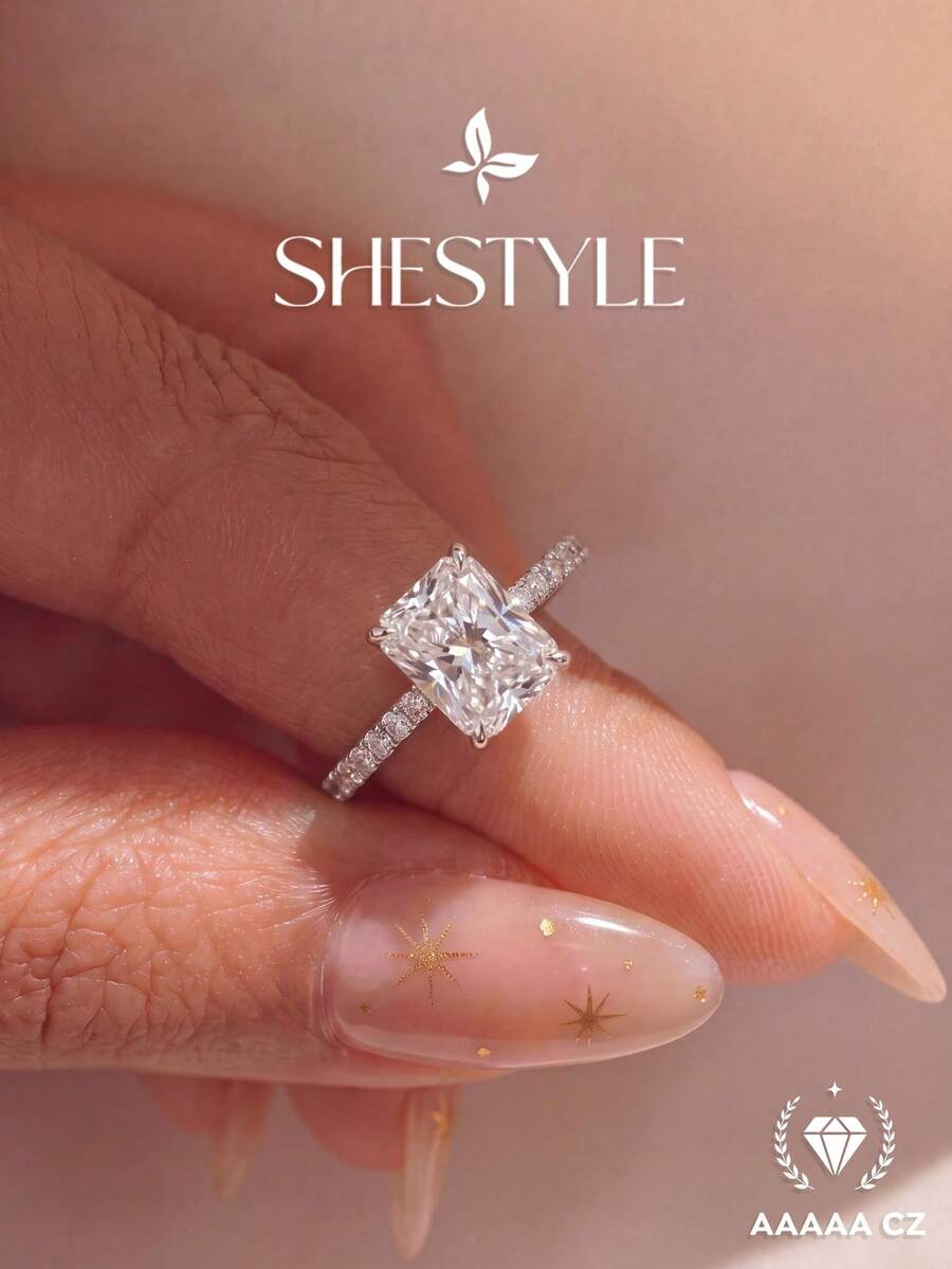 1pc Shiny Rectangular Diamond Engagement Ring/Wedding Ring, Women's Promise Ring/Eternity Ring, Exquisite Jewelry Gift