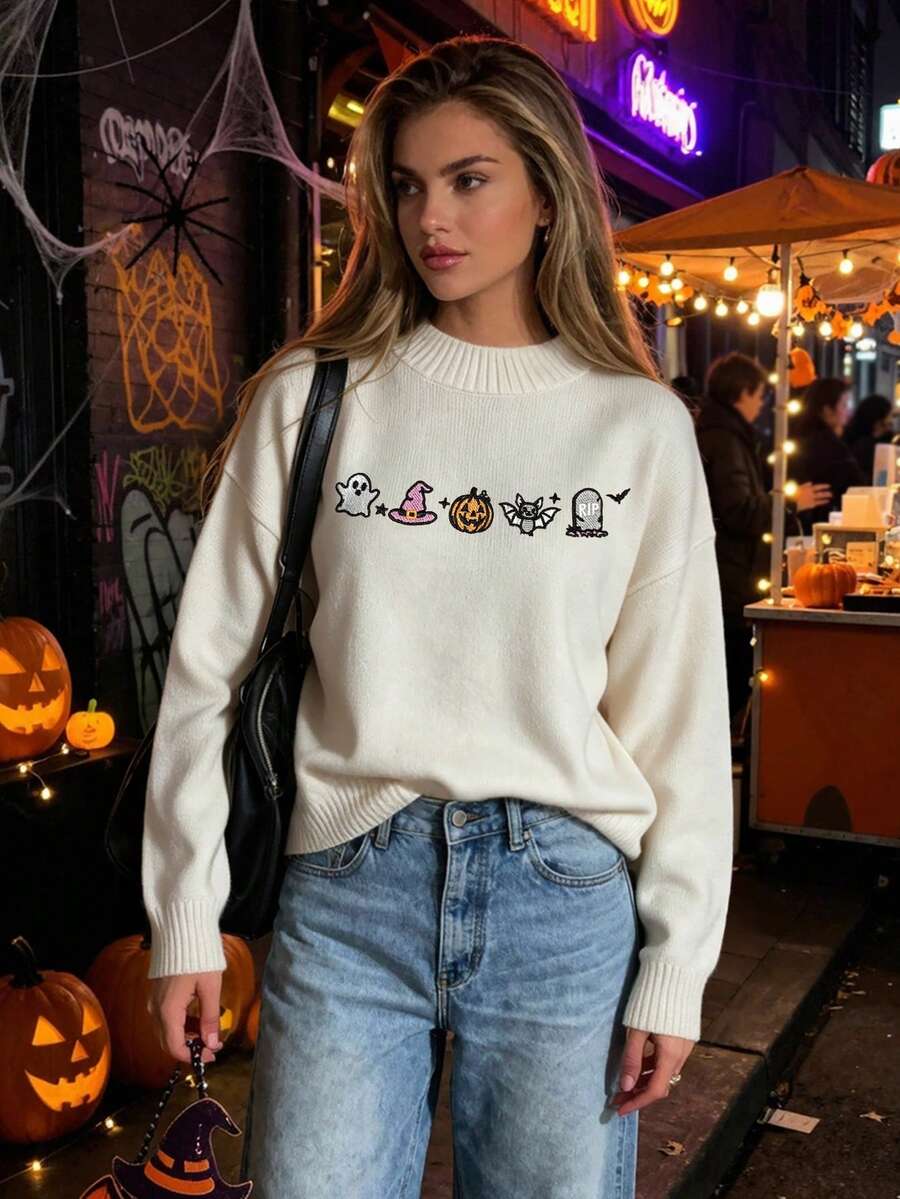 LOVE JOYY Women's Autumn Winter Halloween Faux Embroidery Crew Neck Sweater Drop Shoulder Loose Pullover For Daily Festival - Beige - View 1