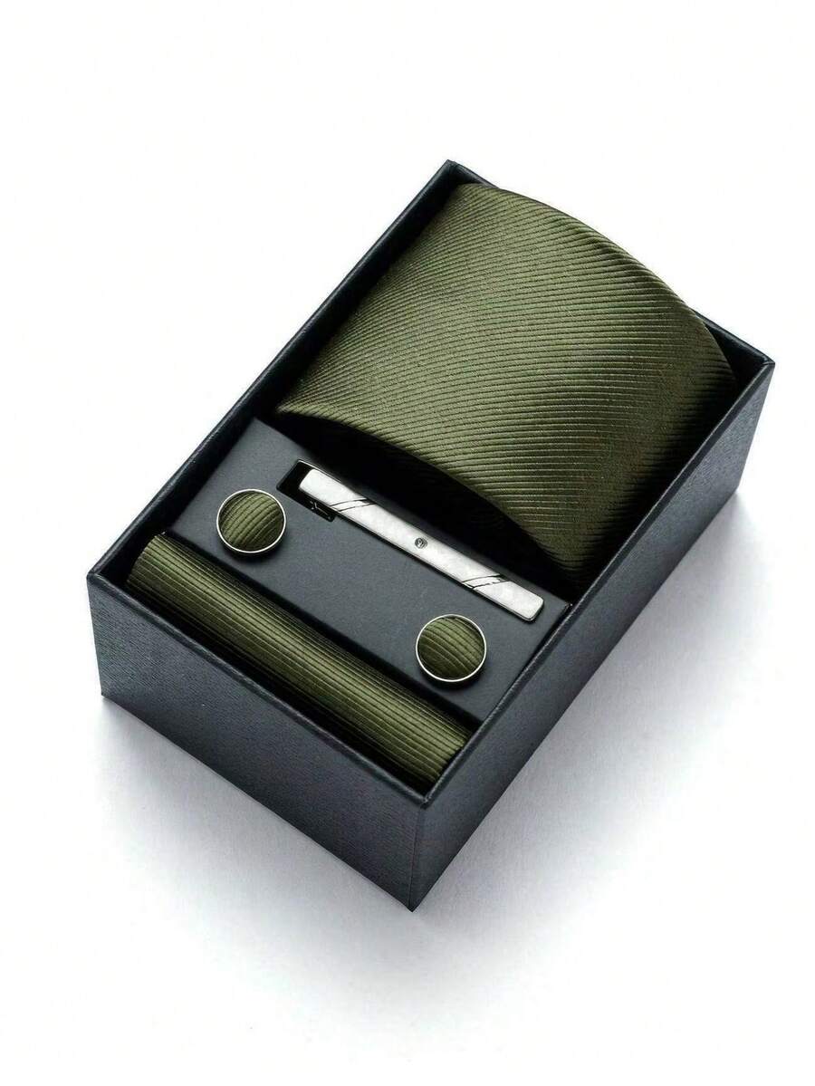 1 Set Solid Color Diagonal Stripe Men's Tie, Pocket Square, Cufflinks And Tie Clip 4-Piece Set, Premium Gift Box, Suitable For Formal Business, Formal Interview, Casual, Banquet And Gathering - Color Mixing - View 1