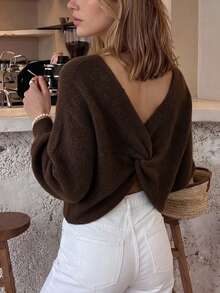 SEREN Women's New Fashion Twisted Design Knit Sweater, Vintage V-Neck Long Sleeve Pullover, Suitable For Daily Wear, And Gatherings With Friends - Red Coffee - View 7