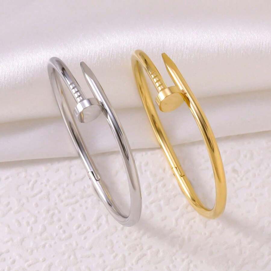 Hasbro Classic Polished Nail Bracelet For Women, Adjustable 18K Gold-Plated Stainless Steel Bangle Jewelry, Perfect Gift For Best Friends And Friends - Multi-color - View 1