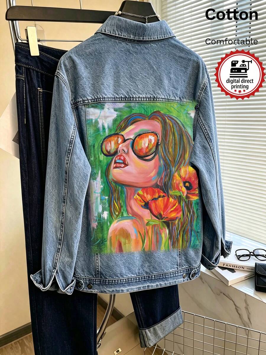 Women's Denim Jacket, Fashion Lady Print, DTG Printing, Vintage Washed Loose Fit - Light Denim Blue 4 - View 1