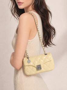 2026 Women's Luxury Quilted Diamond Embroidered Solid Color PU Leather Chain Lock Shoulder Bag, Small Handbag, High-End Fashion Versatile Crossbody Bag Suitable For Daily Outings, Work Commute, Parties, Afternoon Tea And More Occasions (Gift Box Not Included) - Yellow - View 2