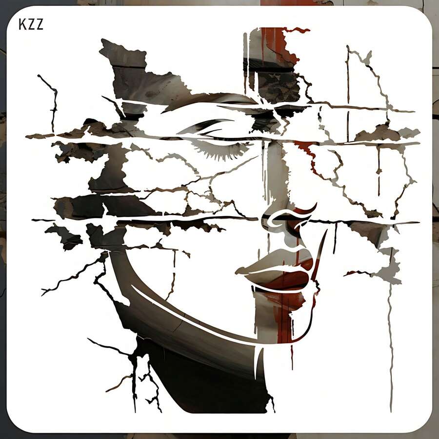 Abstract Woman Face Painting Stencil, Reusable Cracked Wall Portrait Template For Canvas, Fabric, Wall Decor, Pillow, Frame & DIY Art Projects - Single Piece - View 1