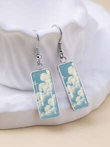 YUJUGLOW 1 Pair Healing Cartoon Style Clear Sky & Cloud Pattern 316 Stainless Steel Long Bar Earrings, Suitable For Women's Daily Wear - Baby Blue - View 3