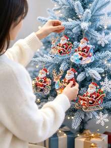 2D Flat 1/8pcs Set New Fun 2D Embossed Wooden Home Decor Christmas Santa Sitting On Various Christmas Vehicle Patterns Holiday Pendant Hanging Ornament Practical And Beautiful Decoration - Multicolor - View 2