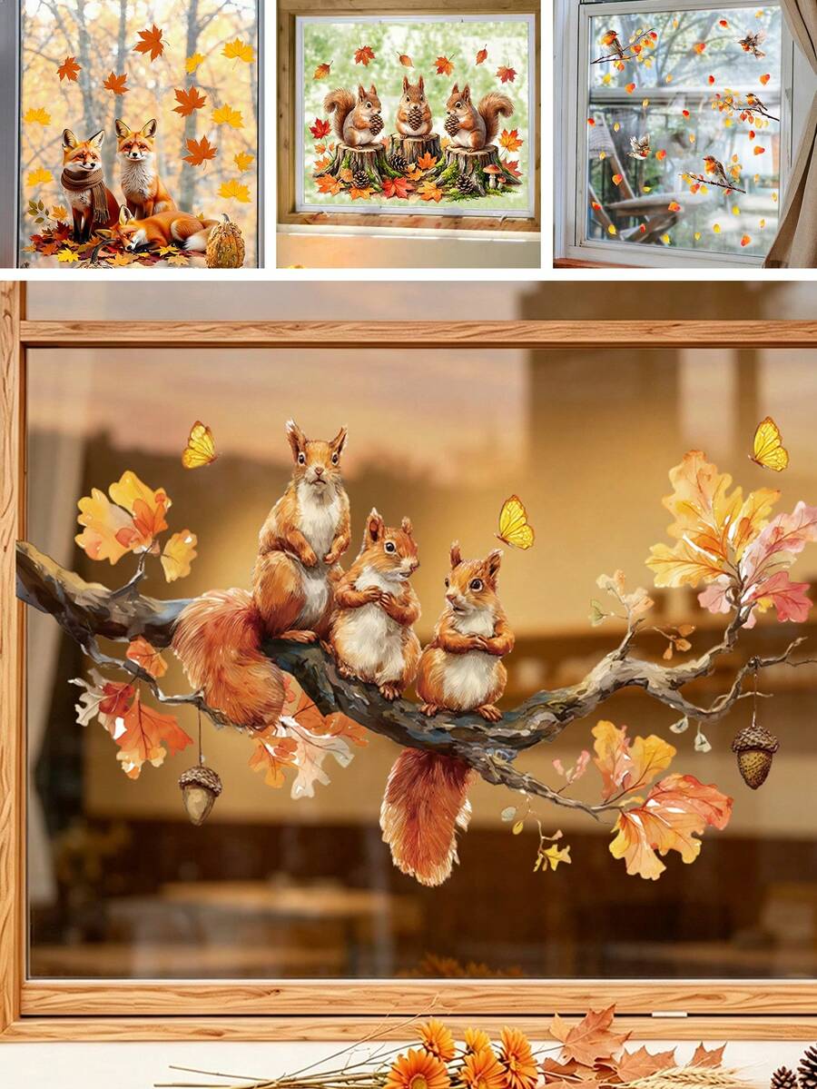 1/2 Sheets Fall Woodland Animals Window Clings, Cute Squirrel Fox Maple Leaf Static Decals, Double-Sided Reusable Thanksgiving Nursery Room Decor - Multicolor - View 1