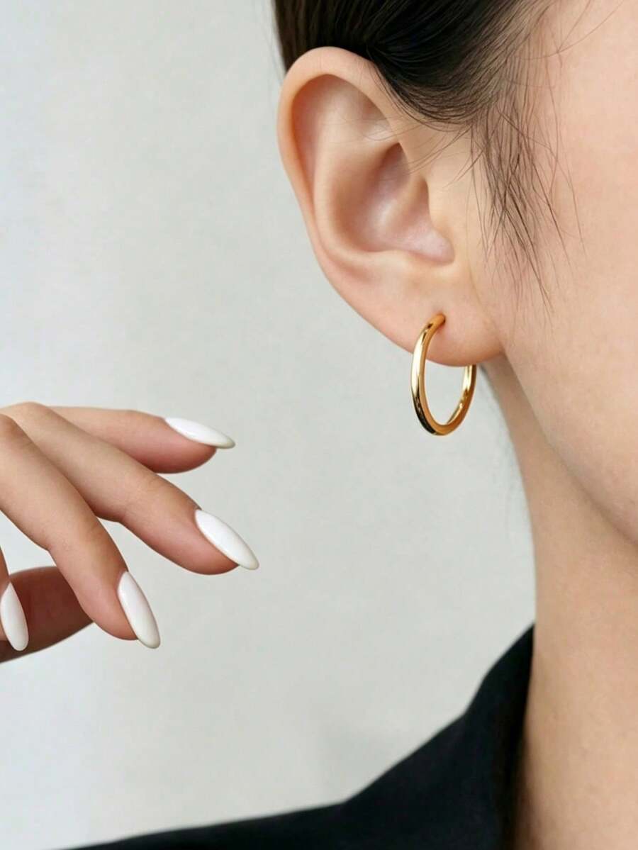 YUNCHUN 1 Pair 18K Gold Plated Minimalist Fashion Round Gold Earrings, Suitable For Daily Commute, Party, Ear Accessory Matching - Gold - View 1