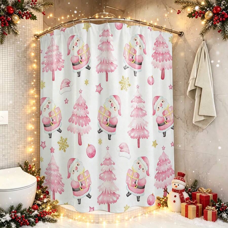 1pc Christmas Tree Print Shower Curtain, Abstract Vintage Polyester Fabric Shower Curtain With 12 Hooks, Suitable For Christmas Bathroom Or Bathtub Decor - Multicolor - View 1