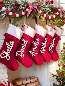 1pc Personalized Velvet Christmas Stocking, Customized Embroidered Name, Christmas Hanging Sock, Home Fireplace Decor, Family Holiday Gift, Festival Decoration, Christmas Gift - Multicolor - View 2