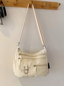 Tas Selempang Wanita Kasual Warna Polos Baru dari Nilon dengan Banyak Lapisan - Tas Serbaguna untuk Komuter dengan Banyak Kantong, Warna Beige - Krem - View 7