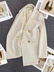 Spring/Summer Women's Solid Color Long Sleeve Double-Breasted Blazer, Notch Lapel | White - White - View 10
