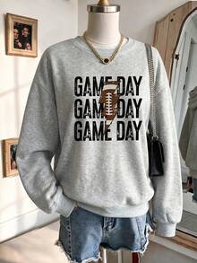 Plus Size Women's Daily Rugby Lightning Sports Print Round Neck Long Sleeve Casual Spring/Fall/Winter Hoodie Outfits For Women Tops For Women - Light Grey - View 3