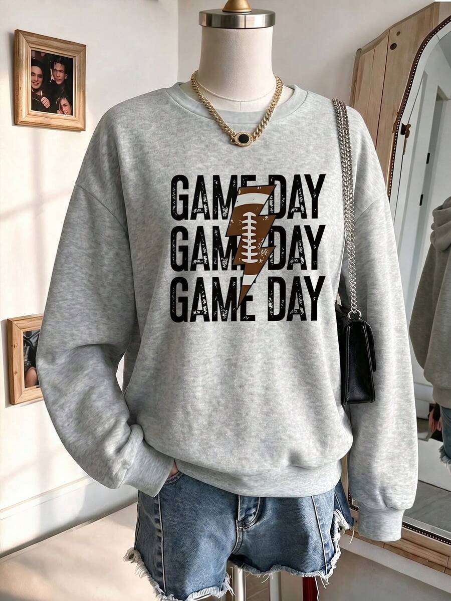 Plus Size Women's Daily Rugby Lightning Sports Print Round Neck Long Sleeve Casual Spring/Fall/Winter Sweatshirt For Women Top - Light Grey - View 1