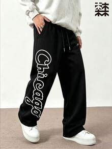 mulinsen Men's Elastic Waist Loose Straight Leg Wide Leg Pants, Black Base With Letter Print Heat Transfer Hip-Hop Style - Black - View 5