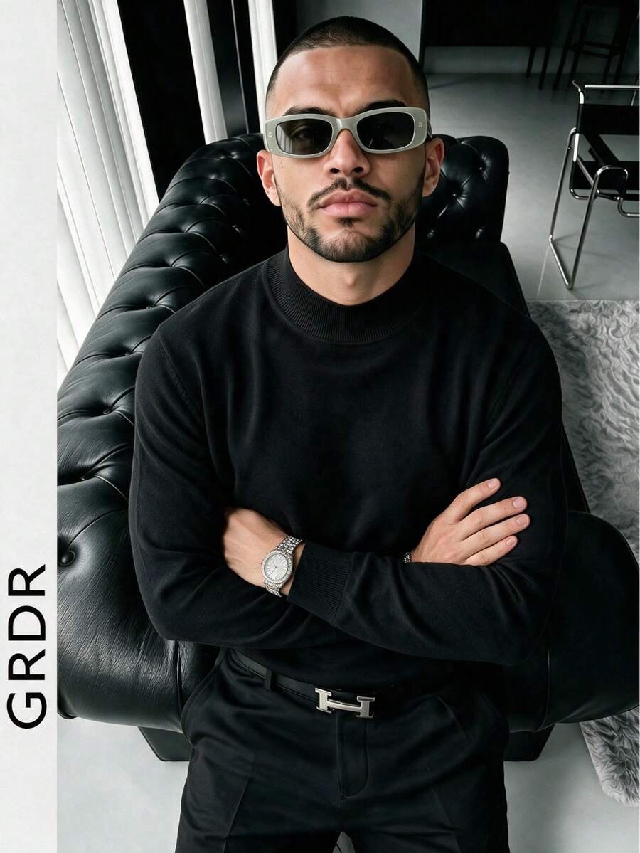 GRDR Men's Solid Black Mock Neck Wool Sweater, Autumn/Winter Light Business Casual Knit Pullover Base Layer Top - Black - View 1
