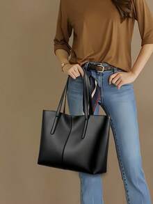 1pc PU Large Capacity Handbag Shoulder Tote Bag, PU Material, Large Capacity, Folded Shipping - Black - View 2